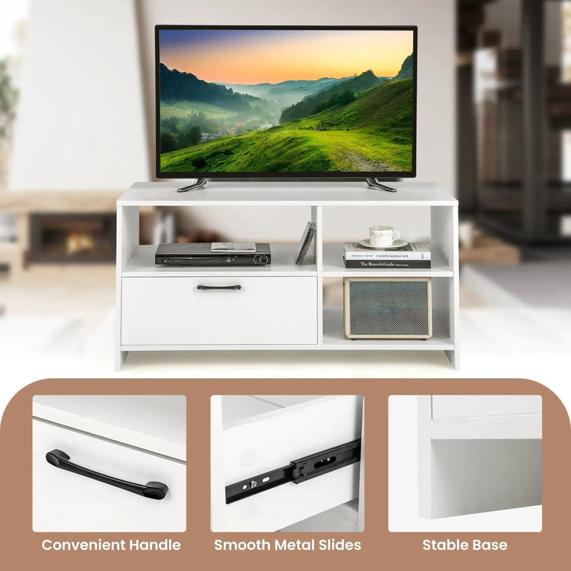Modern Media Console Table with 3 Open Compartments and 1 Storage Drawer-White by DirectDeals