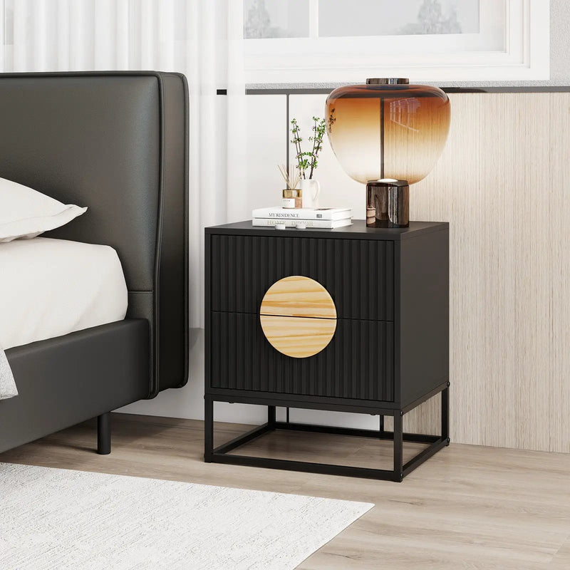 Modern Mid Century Fluted Nightstand with 2 Drawers and Pine Wood Handles for Bedroom by DirectDeals