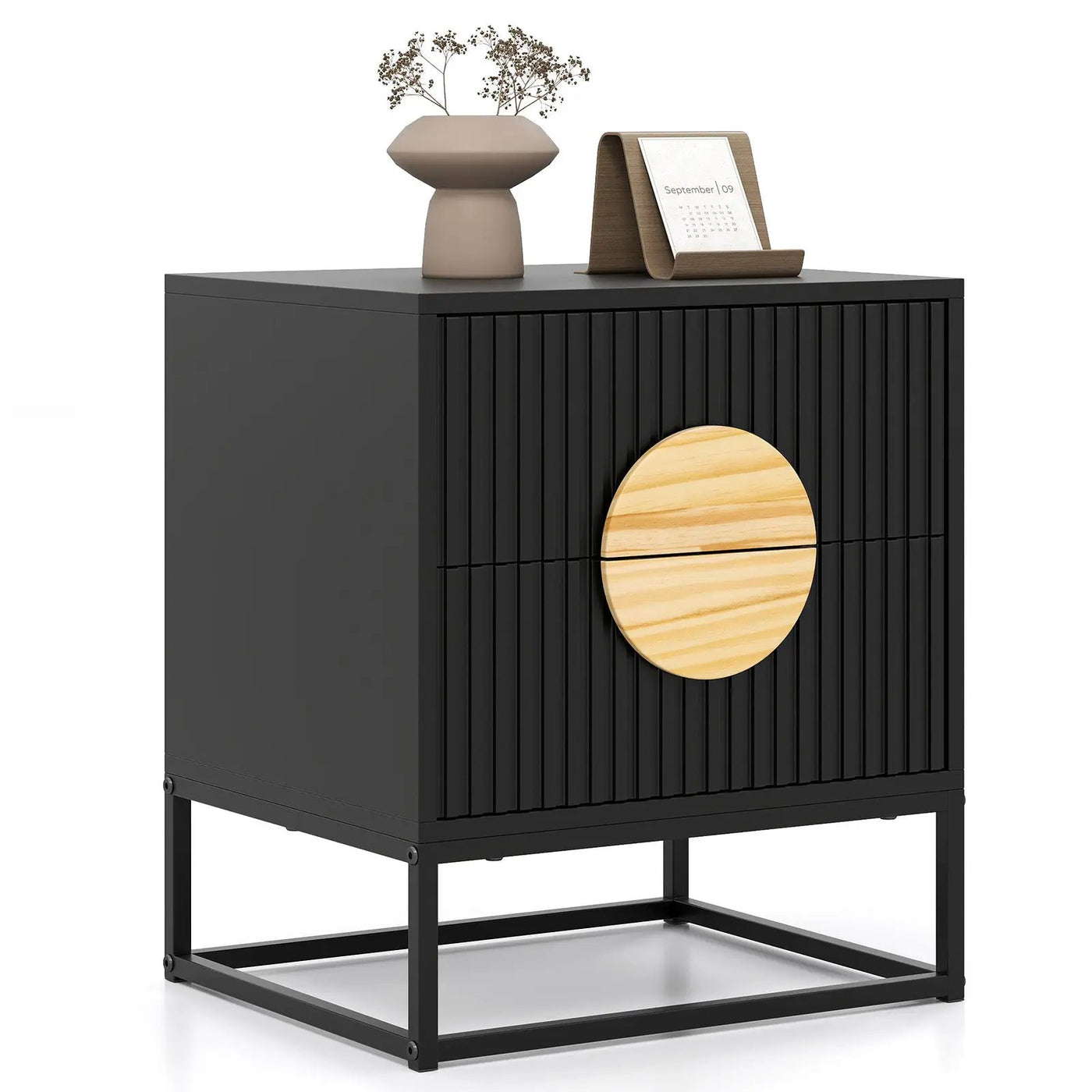 Modern Mid Century Fluted Nightstand with 2 Drawers and Pine Wood Handles for Bedroom by DirectDeals