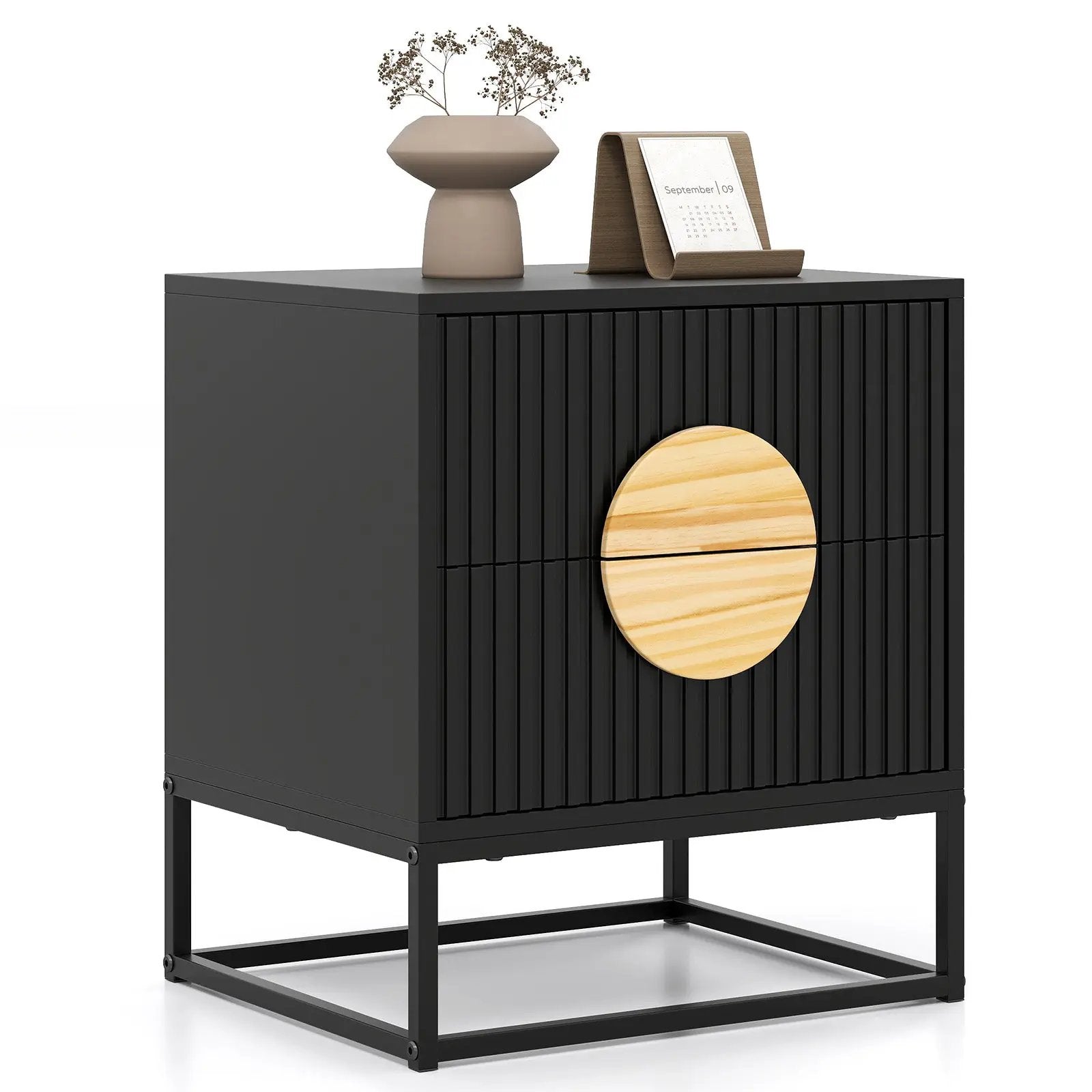 Modern Mid Century Fluted Nightstand with 2 Drawers and Pine Wood Handles for Bedroom by DirectDeals