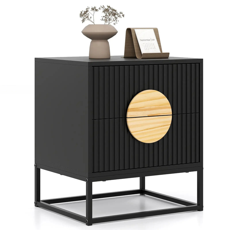 Modern Mid Century Fluted Nightstand with 2 Drawers and Pine Wood Handles for Bedroom by DirectDeals