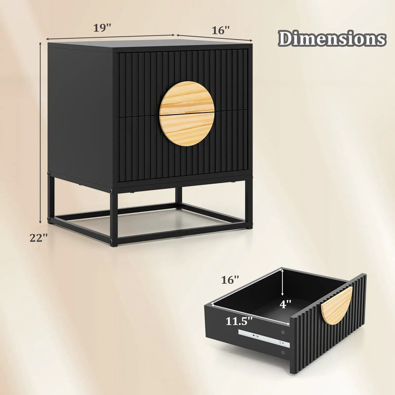 Modern Mid Century Fluted Nightstand with 2 Drawers and Pine Wood Handles for Bedroom by DirectDeals