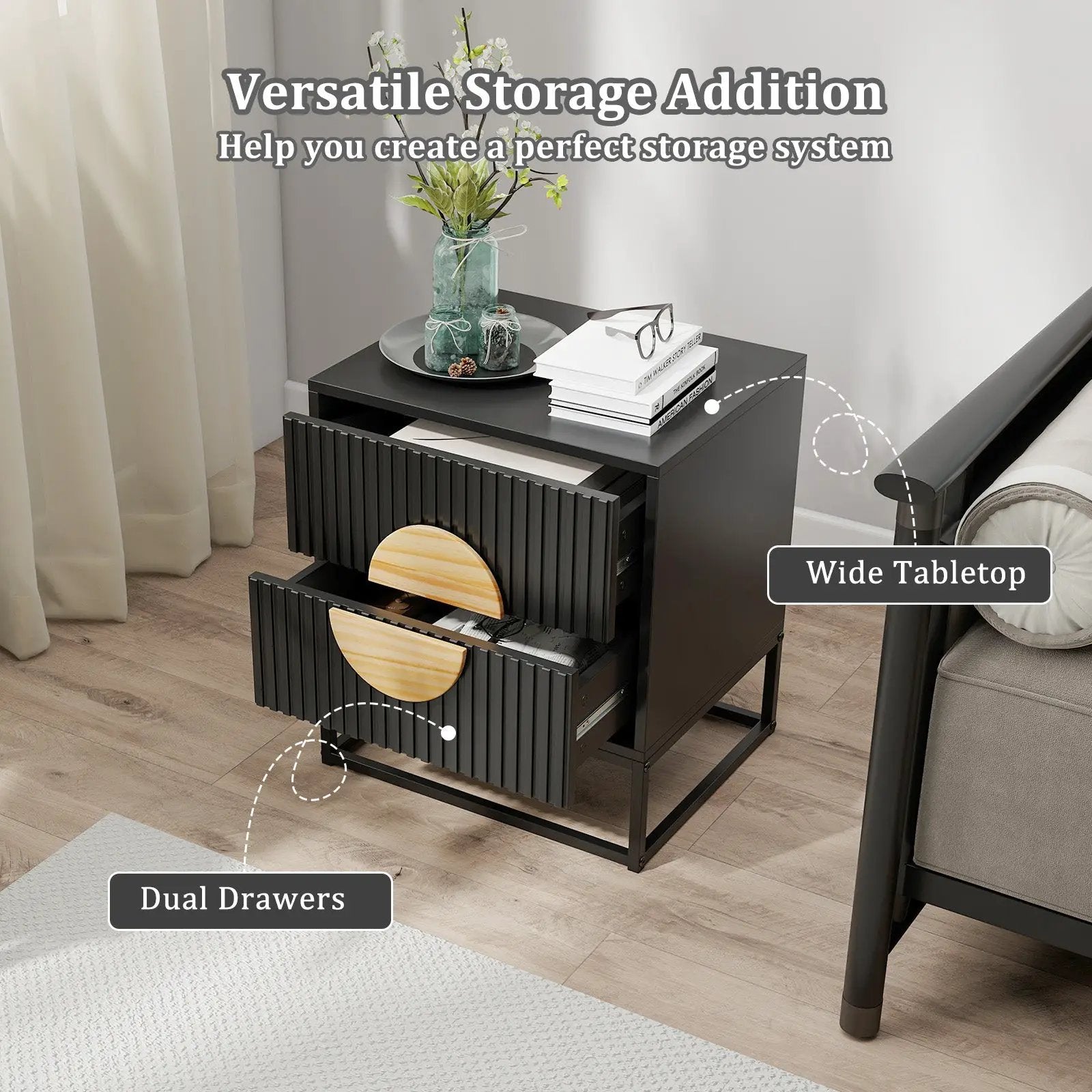 Modern Mid Century Fluted Nightstand with 2 Drawers and Pine Wood Handles for Bedroom by DirectDeals