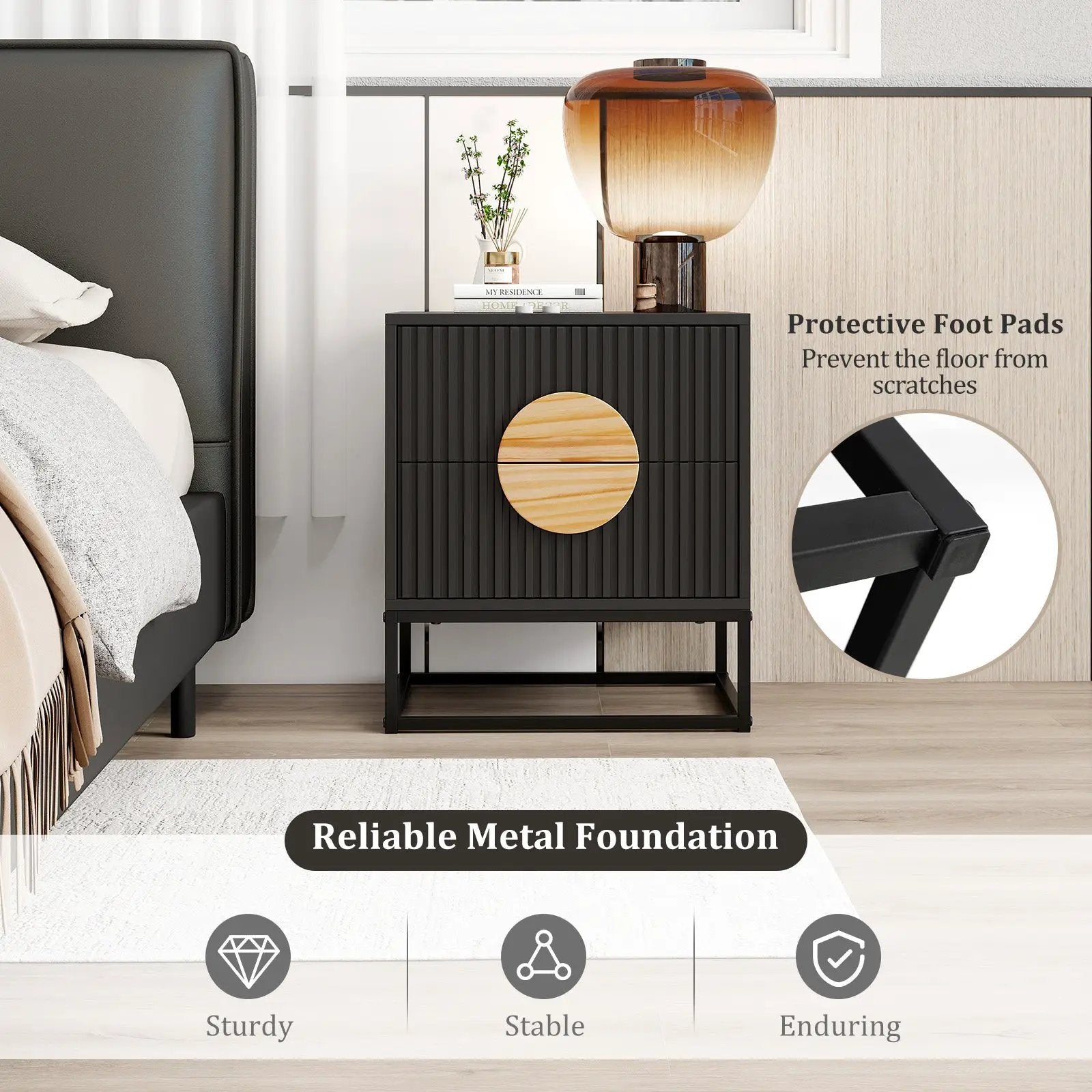 Modern Mid Century Fluted Nightstand with 2 Drawers and Pine Wood Handles for Bedroom by DirectDeals