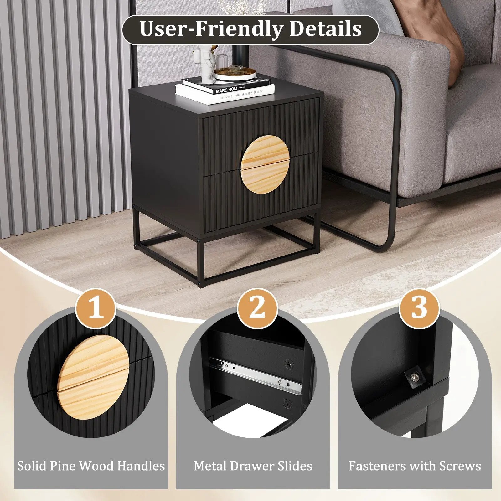 Modern Mid Century Fluted Nightstand with 2 Drawers and Pine Wood Handles for Bedroom by DirectDeals