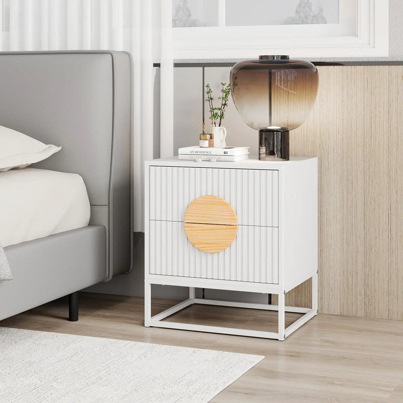 Modern Mid Century Fluted Nightstand with 2 Drawers and Pine Wood Handles for Bedroom by DirectDeals
