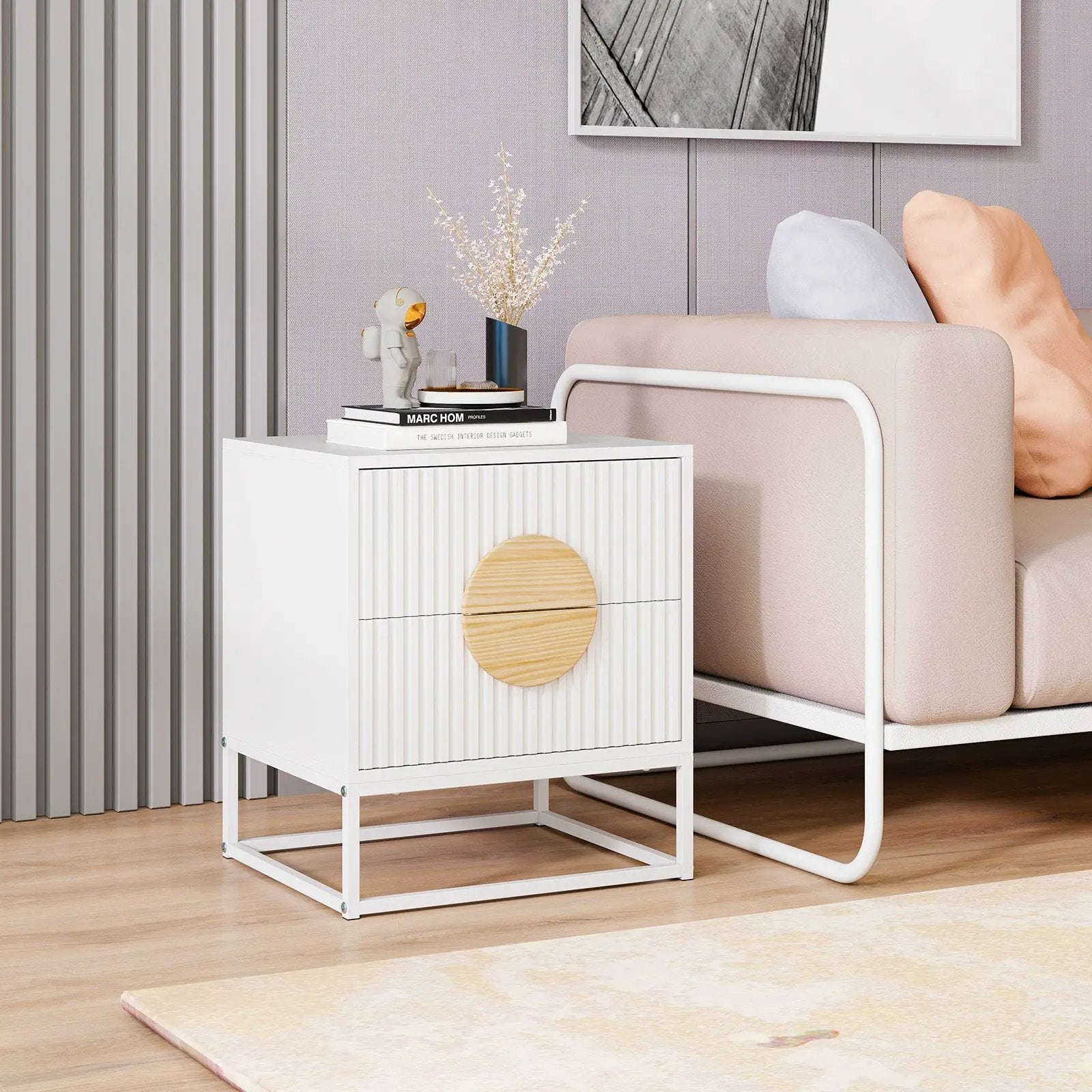 Modern Mid Century Fluted Nightstand with 2 Drawers and Pine Wood Handles for Bedroom by DirectDeals