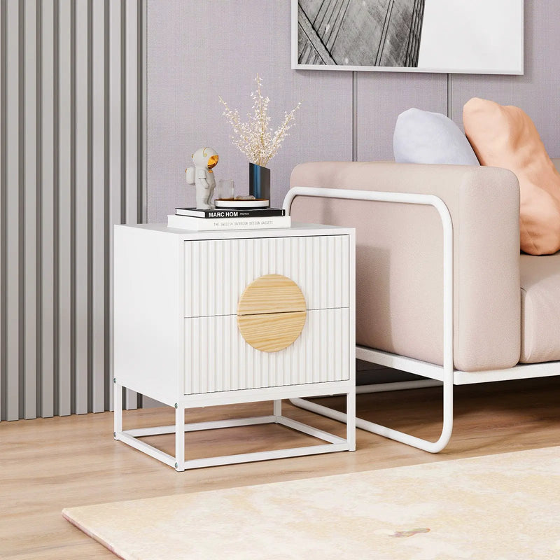 Modern Mid Century Fluted Nightstand with 2 Drawers and Pine Wood Handles for Bedroom by DirectDeals