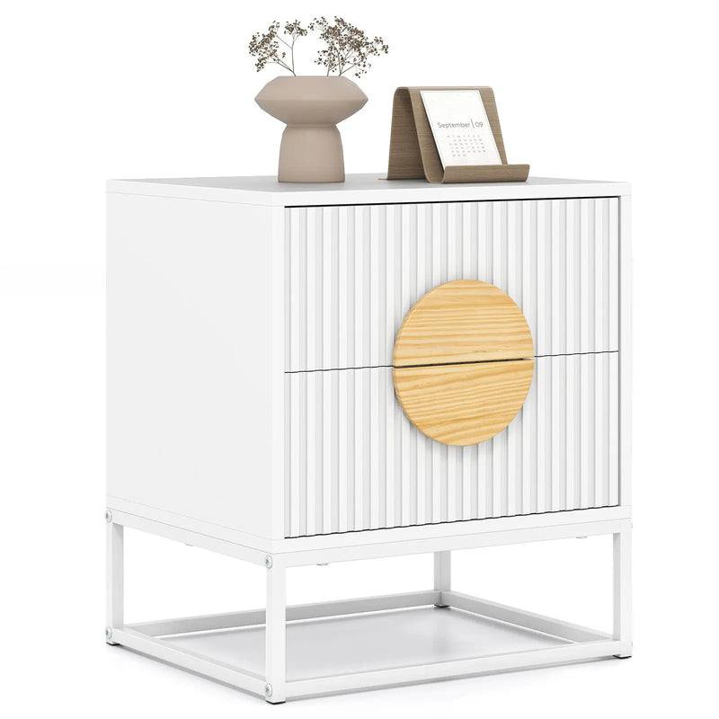 Modern Mid Century Fluted Nightstand with 2 Drawers and Pine Wood Handles for Bedroom by DirectDeals