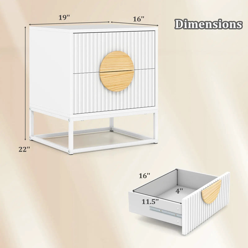 Modern Mid Century Fluted Nightstand with 2 Drawers and Pine Wood Handles for Bedroom by DirectDeals