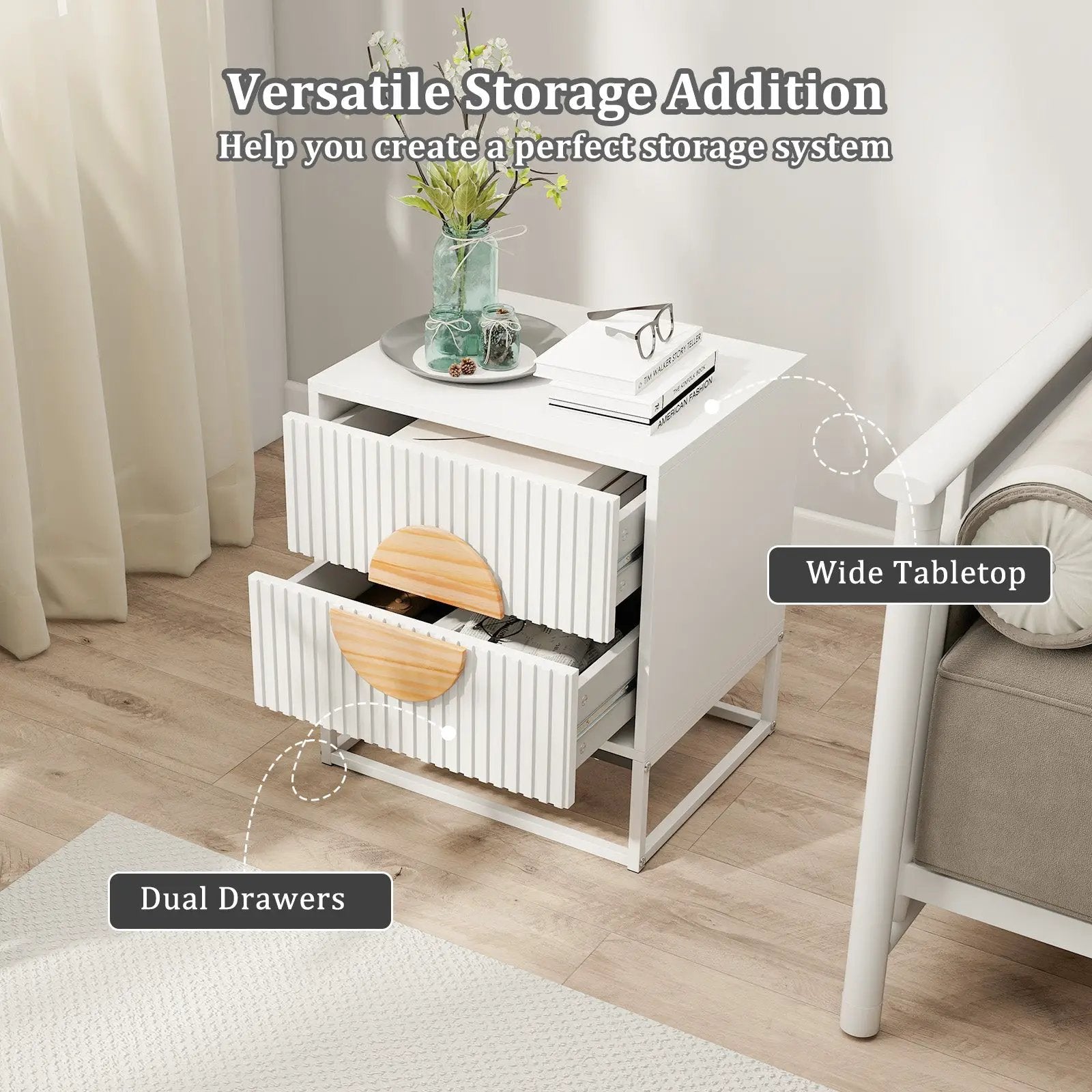 Modern Mid Century Fluted Nightstand with 2 Drawers and Pine Wood Handles for Bedroom by DirectDeals