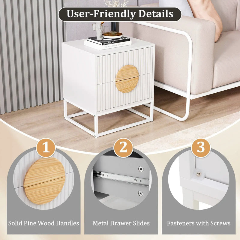 Modern Mid Century Fluted Nightstand with 2 Drawers and Pine Wood Handles for Bedroom by DirectDeals