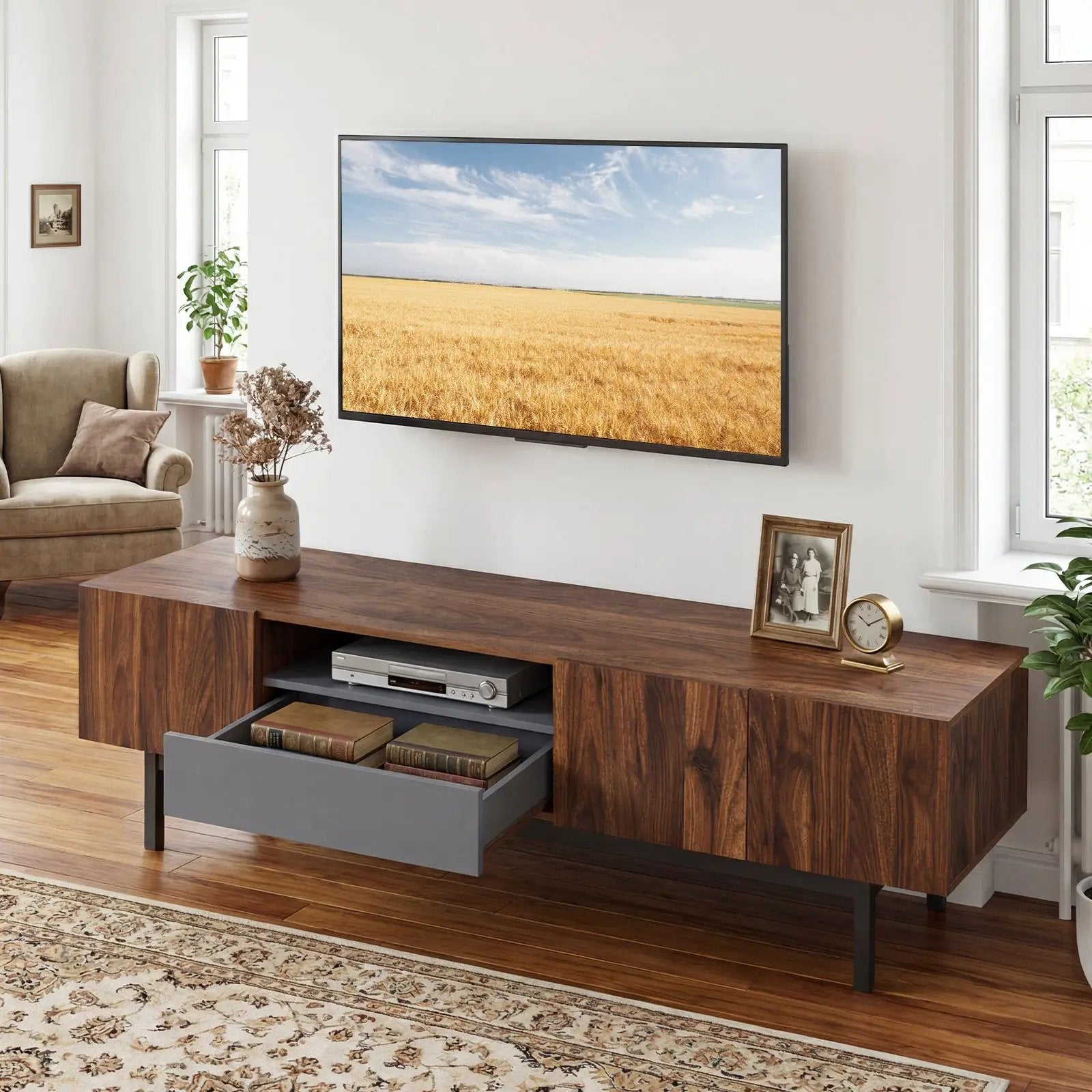 Modern Mid Century TV Cabinetfor TVs up to 82" with Drawer-Walnut by DirectDeals