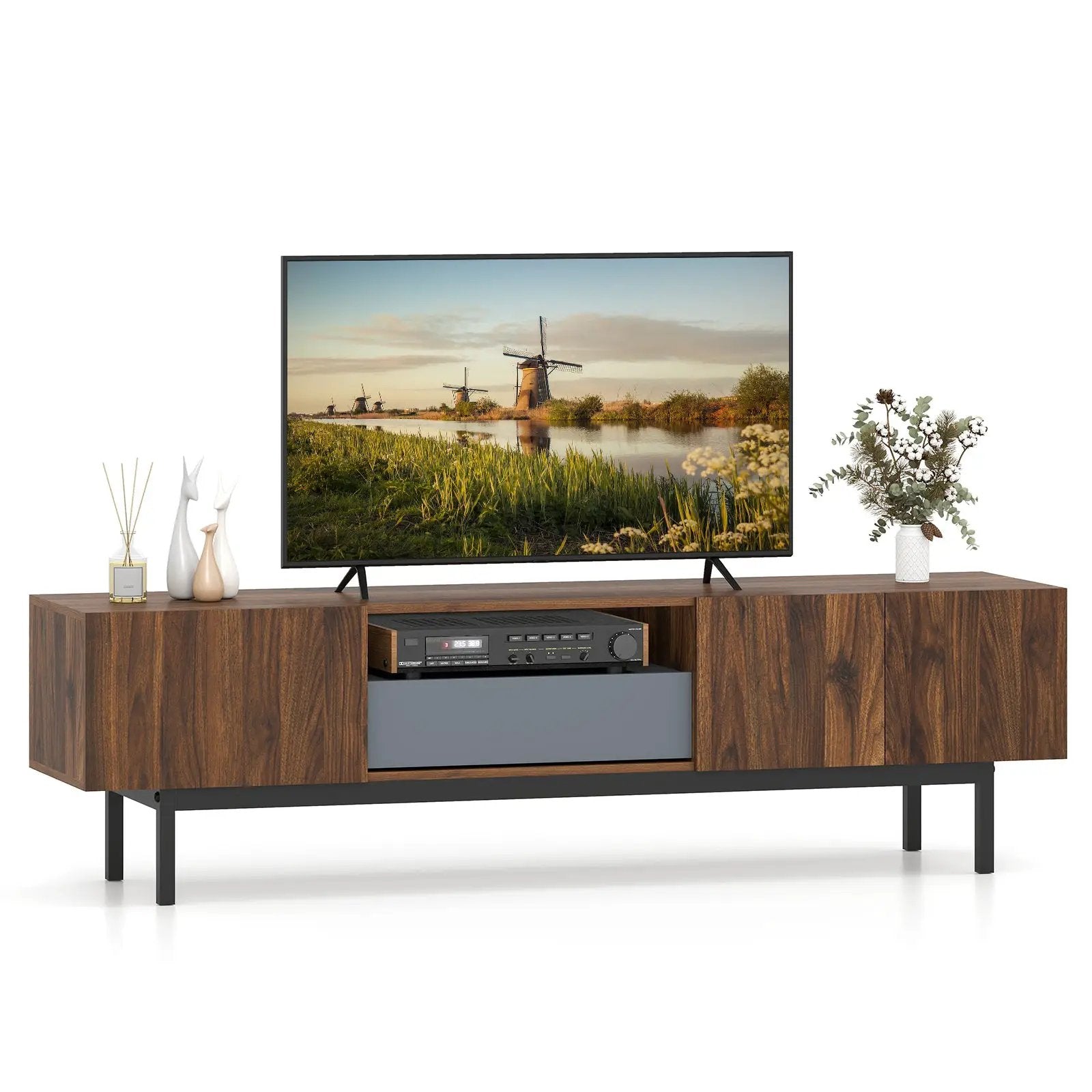 Modern Mid Century TV Cabinetfor TVs up to 82" with Drawer-Walnut by DirectDeals
