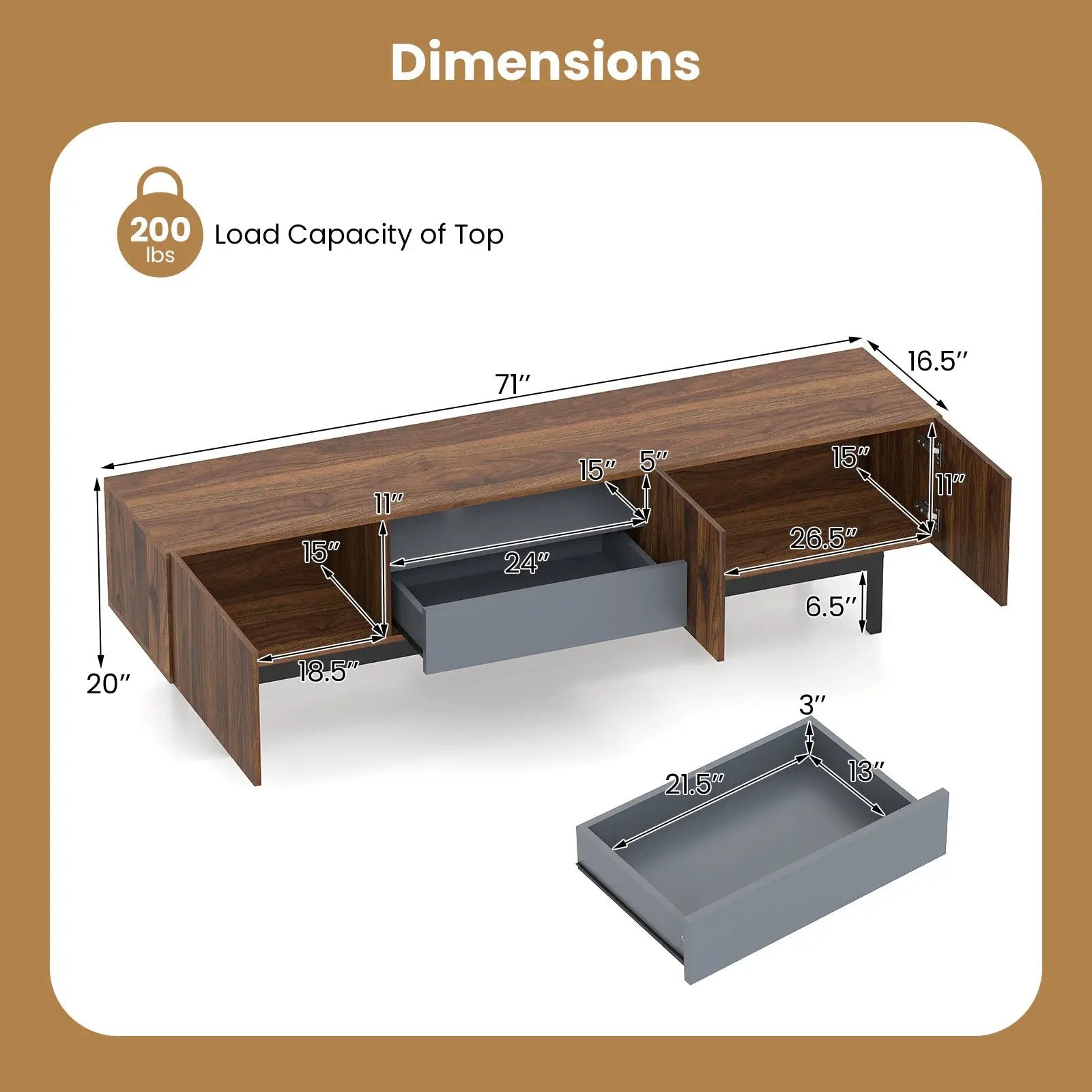 Modern Mid Century TV Cabinetfor TVs up to 82" with Drawer-Walnut by DirectDeals