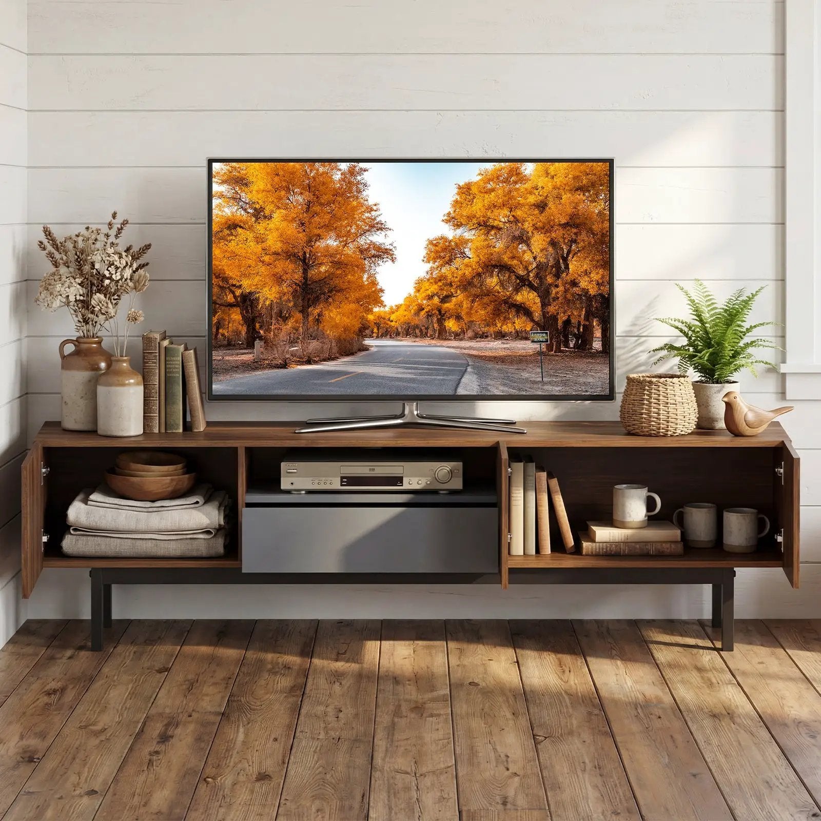 Modern Mid Century TV Cabinetfor TVs up to 82" with Drawer-Walnut by DirectDeals