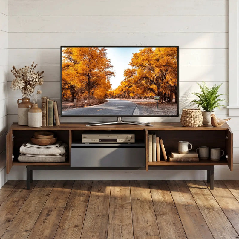 Modern Mid Century TV Cabinetfor TVs up to 82" with Drawer-Walnut by DirectDeals