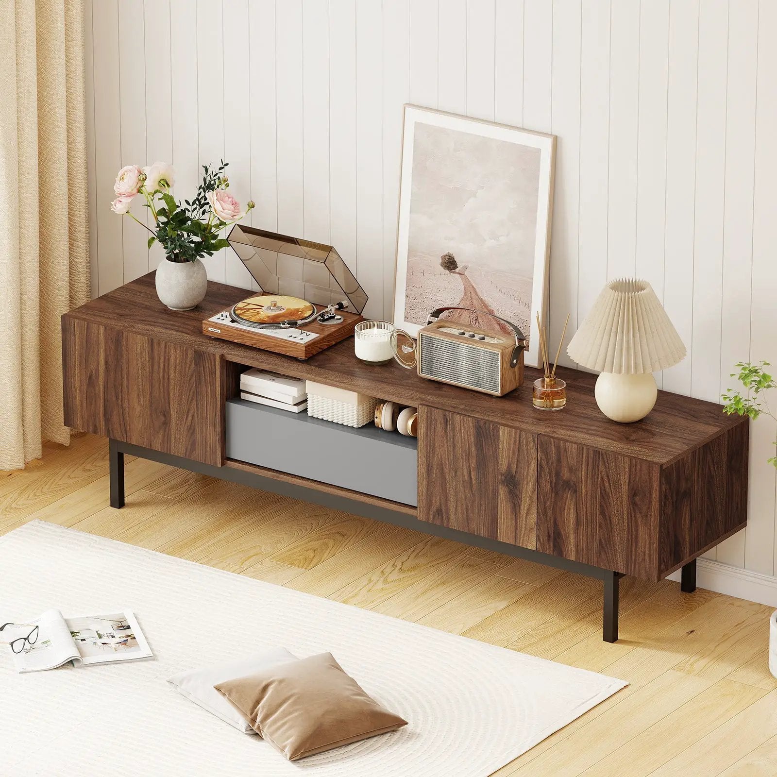 Modern Mid Century TV Cabinetfor TVs up to 82" with Drawer-Walnut by DirectDeals