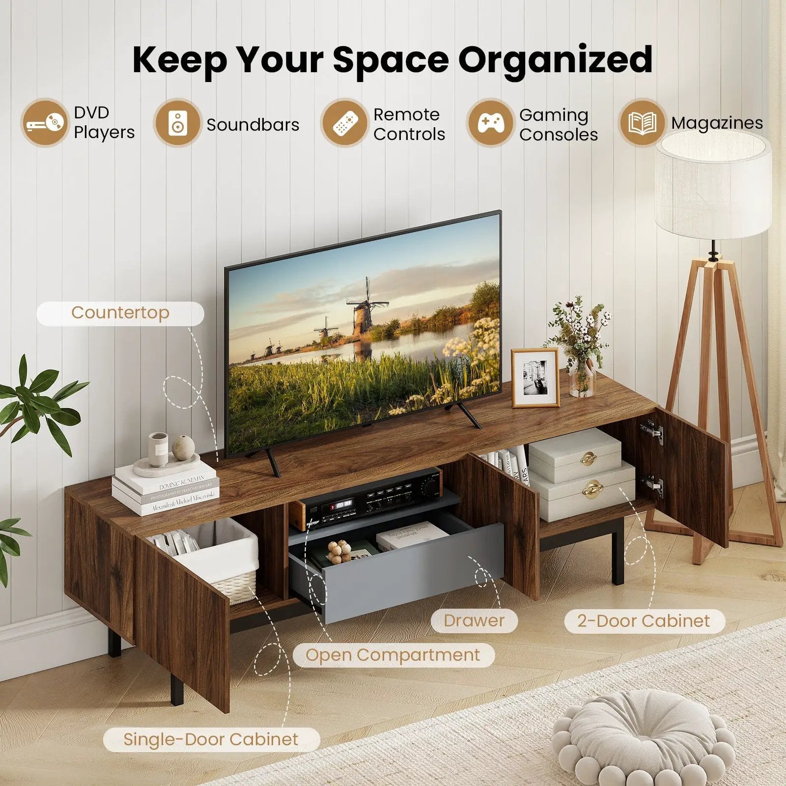 Modern Mid Century TV Cabinetfor TVs up to 82" with Drawer-Walnut by DirectDeals