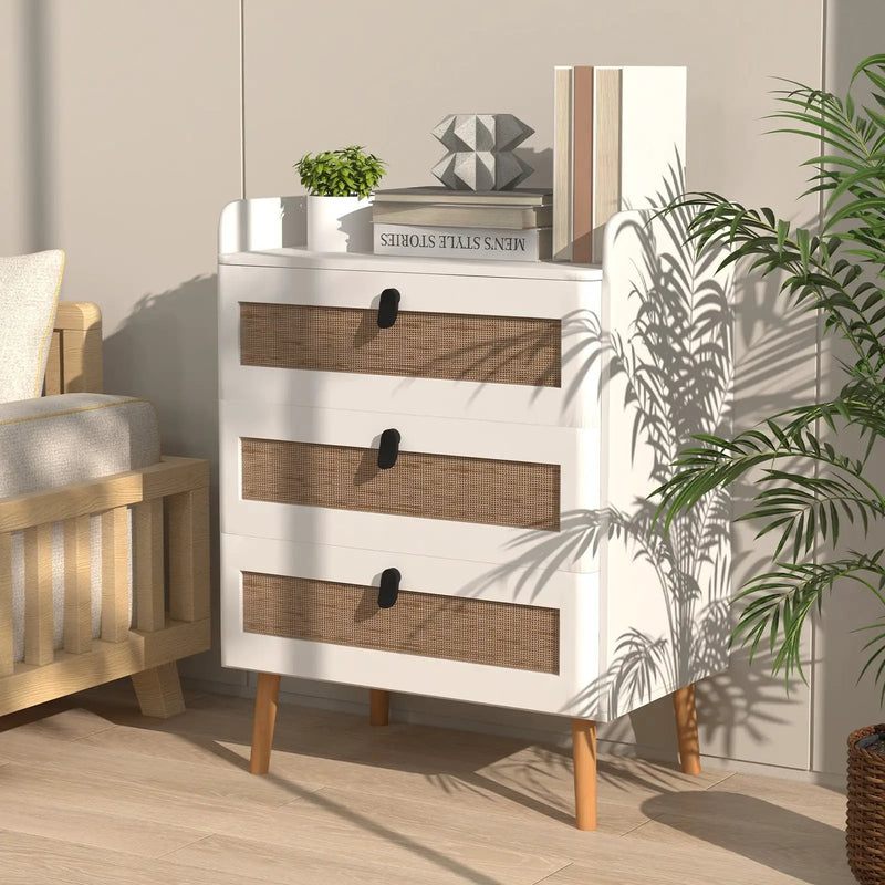 Modern End Table with 3 Rattan Decorated Drawers-White by DirectDeals
