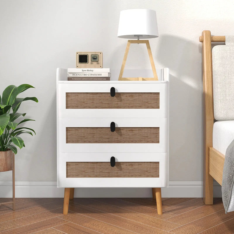 Modern End Table with 3 Rattan Decorated Drawers-White by DirectDeals