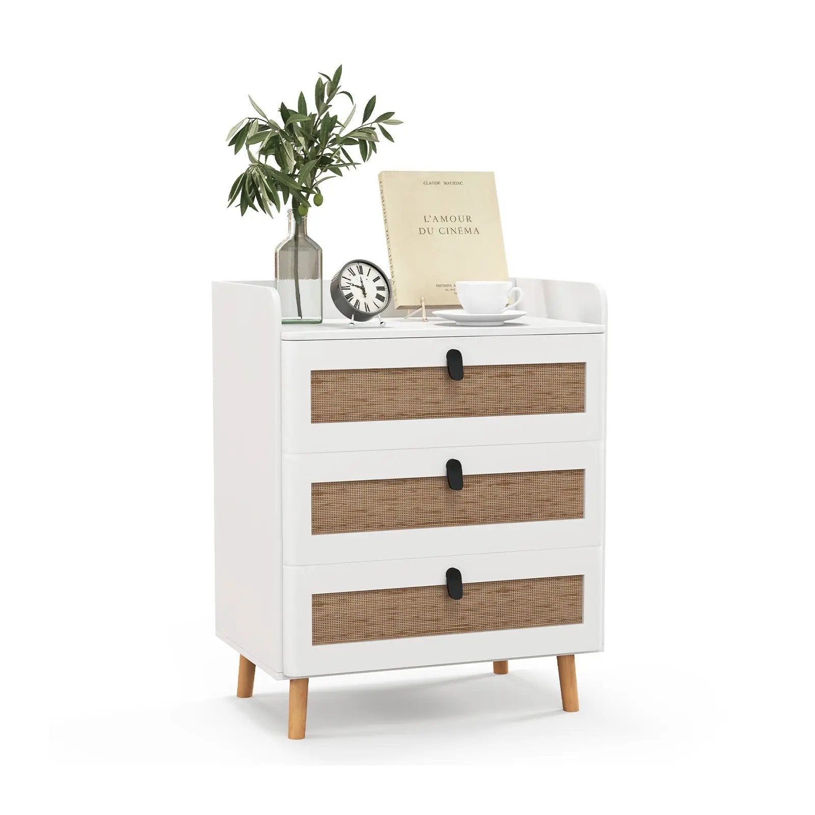 Modern End Table with 3 Rattan Decorated Drawers-White by DirectDeals