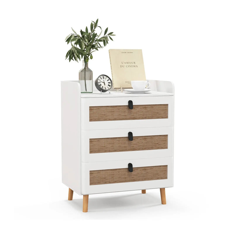 Modern End Table with 3 Rattan Decorated Drawers-White by DirectDeals