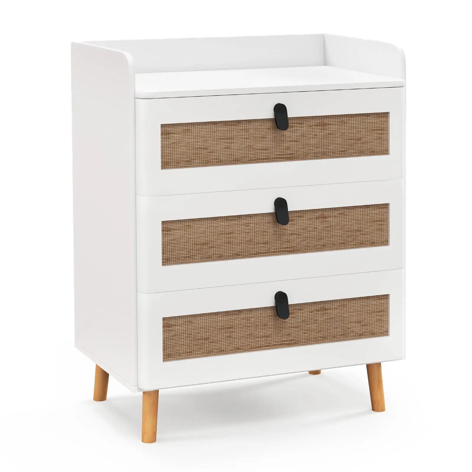 Modern End Table with 3 Rattan Decorated Drawers-White by DirectDeals