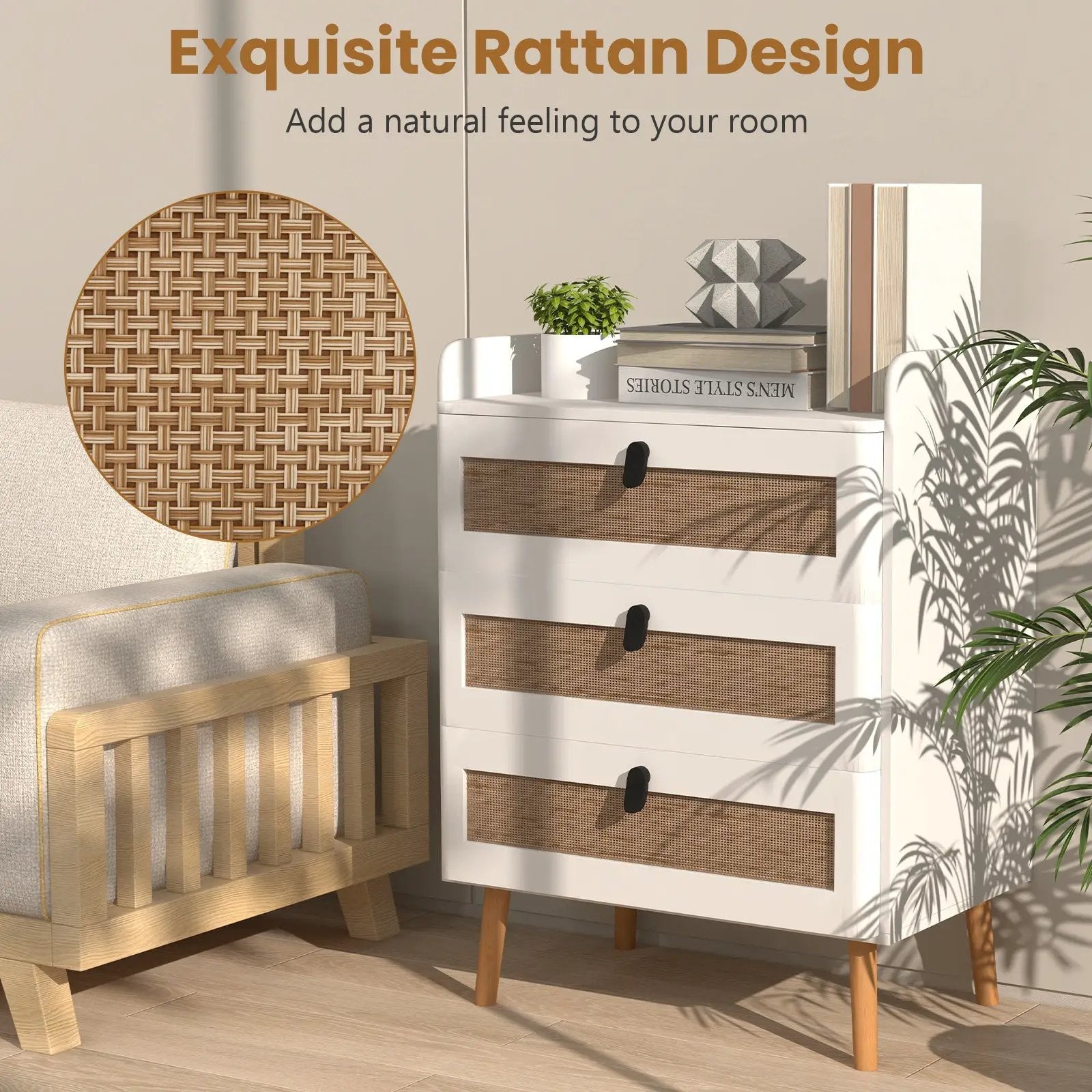 Modern End Table with 3 Rattan Decorated Drawers-White by DirectDeals