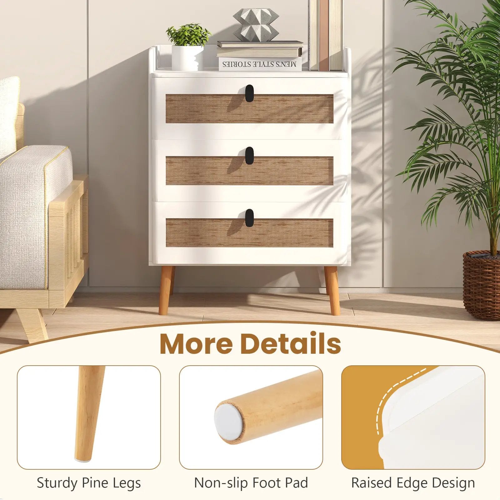 Modern End Table with 3 Rattan Decorated Drawers-White by DirectDeals