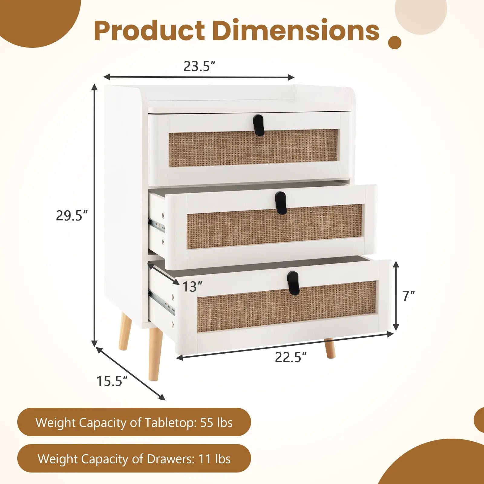 Modern End Table with 3 Rattan Decorated Drawers-White by DirectDeals