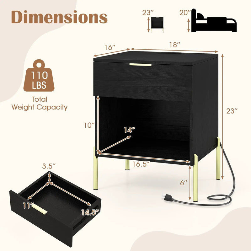 Nightstand with Charging Station and Storage Drawer by DirectDeals
