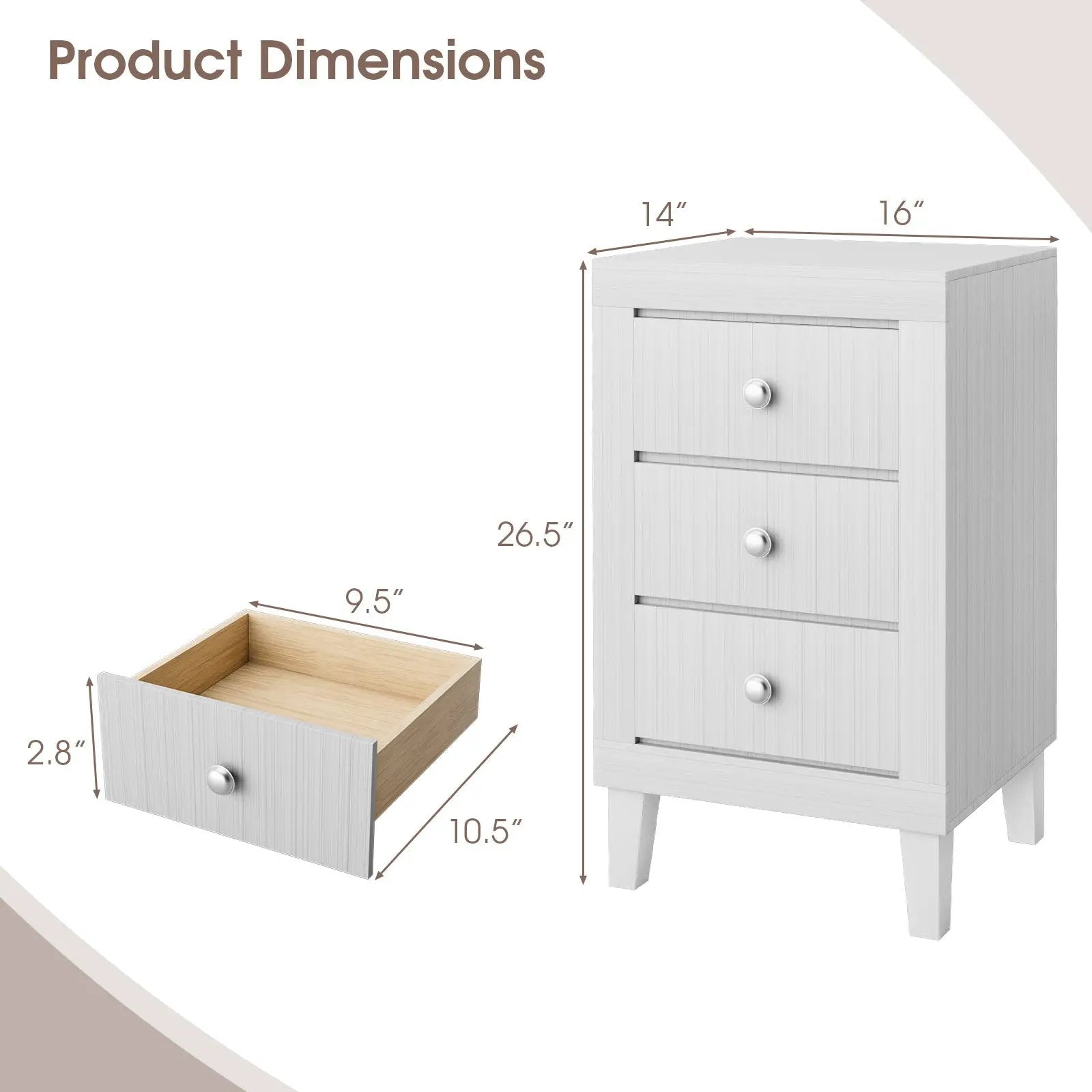 Modern Nightstand with 3 Drawers for Bedroom Living Room by DirectDeals