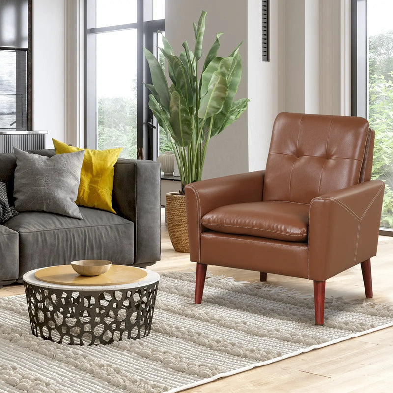Modern PU Leather Accent Chair with Solid Wood Legs-Brown by DirectDeals