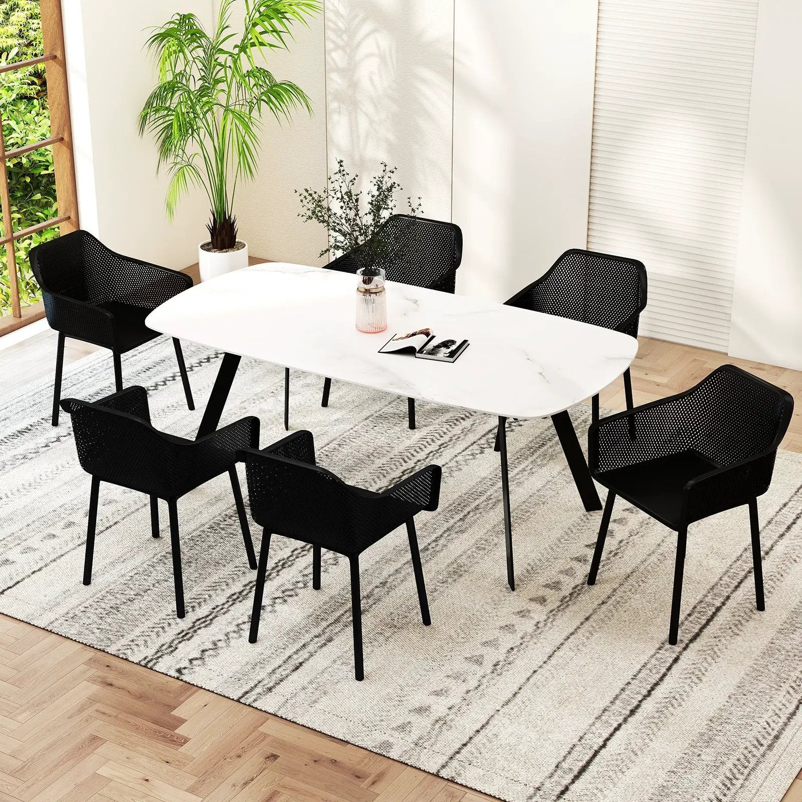 Modern Plastic Dining Chairs Set of 4 Kitchen Armchairs with Breathable Mesh Backrest-Black by DirectDeals