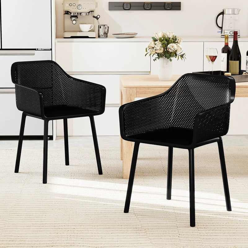 Modern Plastic Dining Chairs Set of 2 Kitchen Armchairs with Breathable Mesh Backres-Black by DirectDeals