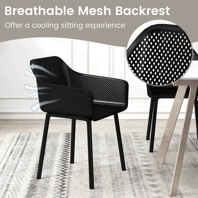 Modern Plastic Dining Chairs Set of 2 Kitchen Armchairs with Breathable Mesh Backres-Black by DirectDeals