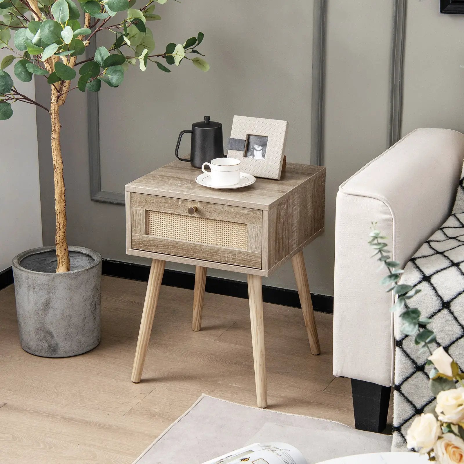 Modern Rattan Nightstand with Drawer and Solid Wood Legs for Bedroom and Living Room-Natural by DirectDeals