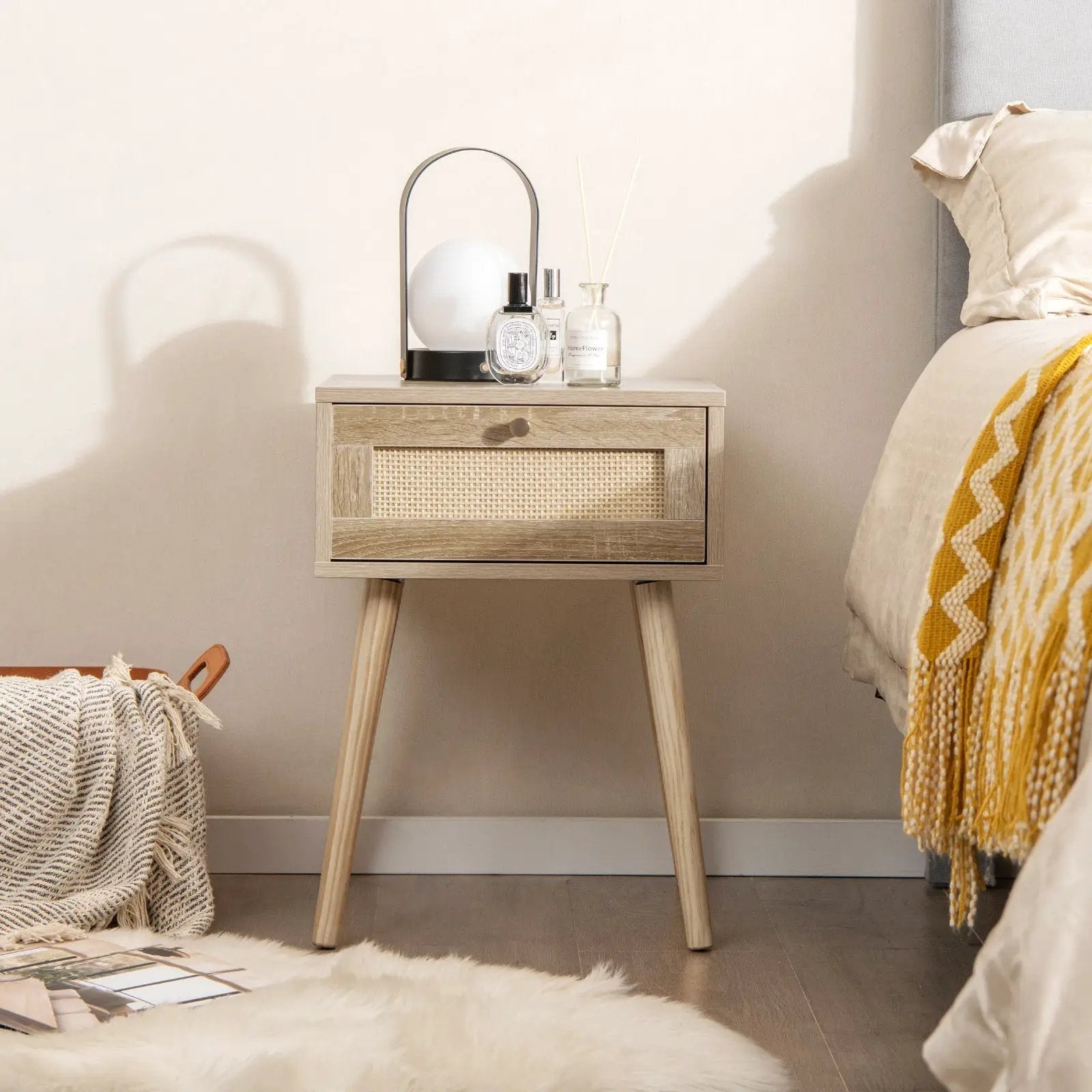 Modern Rattan Nightstand with Drawer and Solid Wood Legs for Bedroom and Living Room-Natural by DirectDeals
