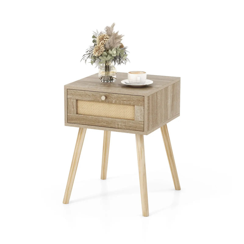 Modern Rattan Nightstand with Drawer and Solid Wood Legs for Bedroom and Living Room-Natural by DirectDeals