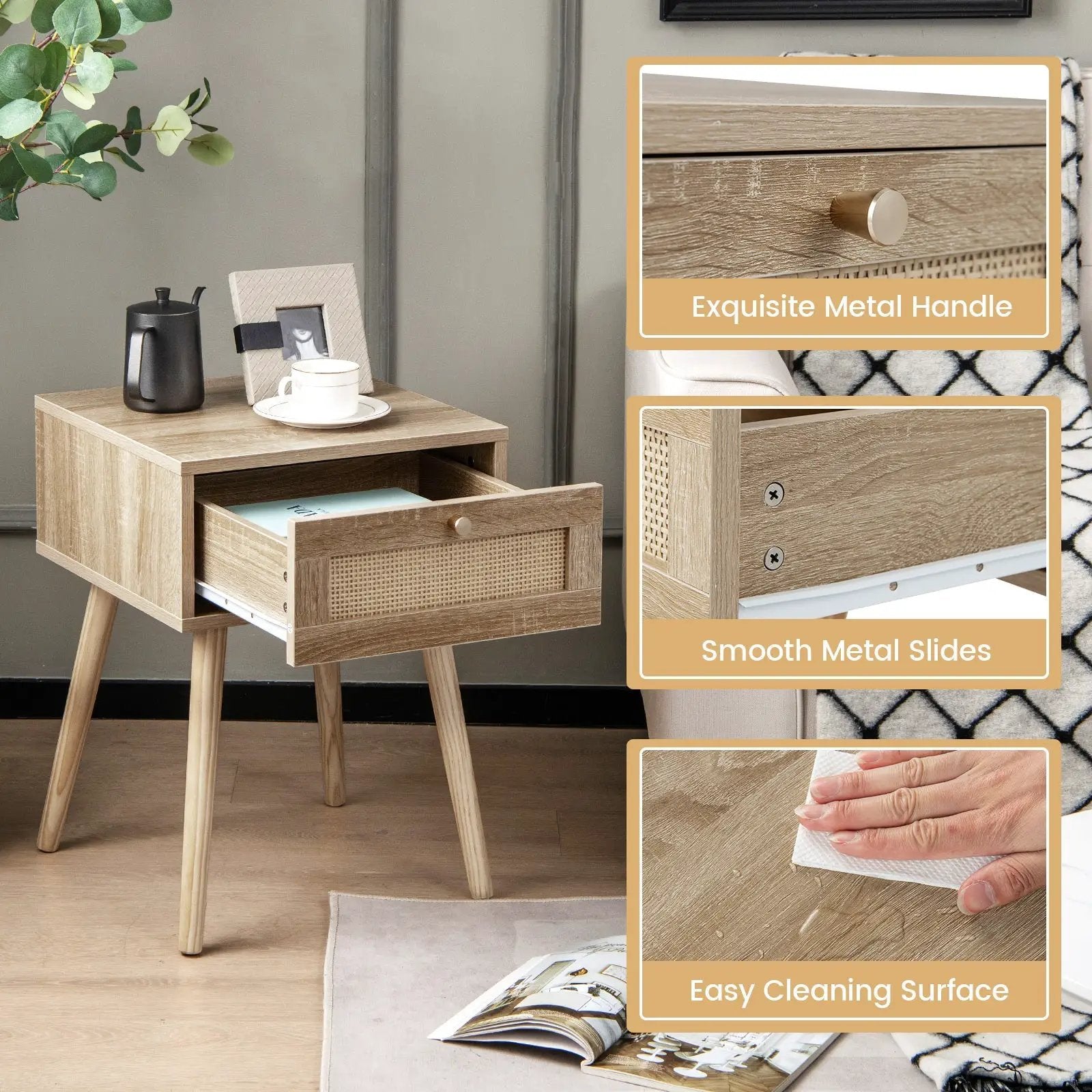 Modern Rattan Nightstand with Drawer and Solid Wood Legs for Bedroom and Living Room-Natural by DirectDeals