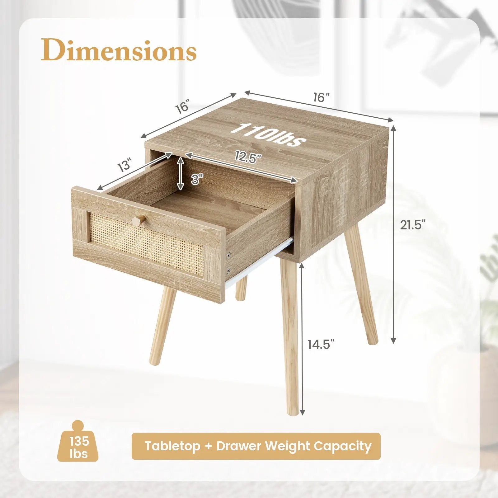 Modern Rattan Nightstand with Drawer and Solid Wood Legs for Bedroom and Living Room-Natural by DirectDeals