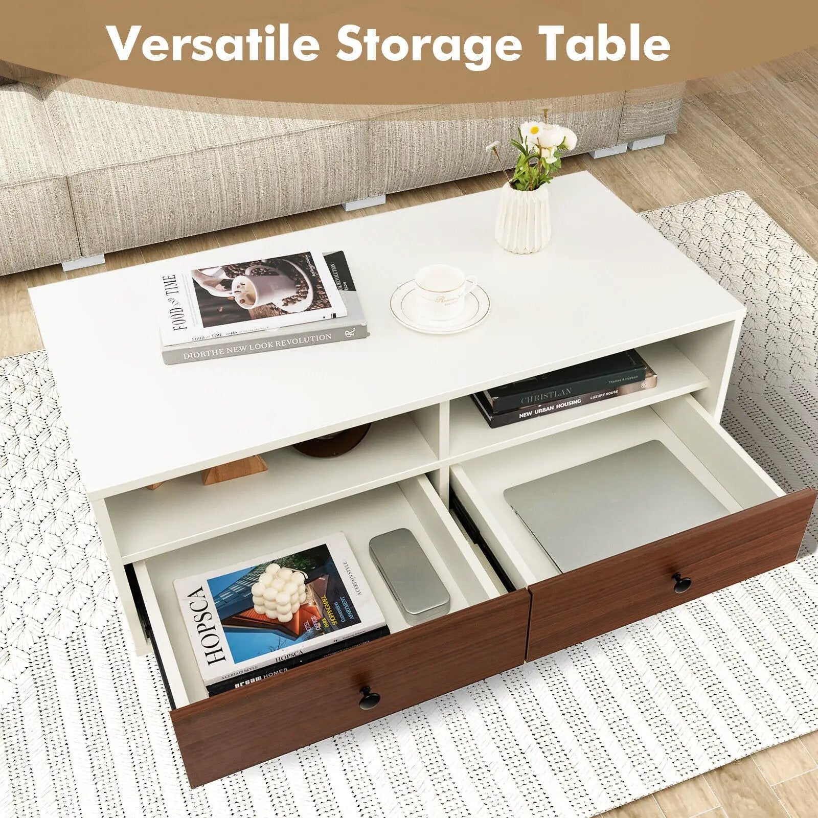 2 Tier 40 Inch Length Modern Rectangle Coffee Table with Storage Shelf and Drawers-White by DirectDeals