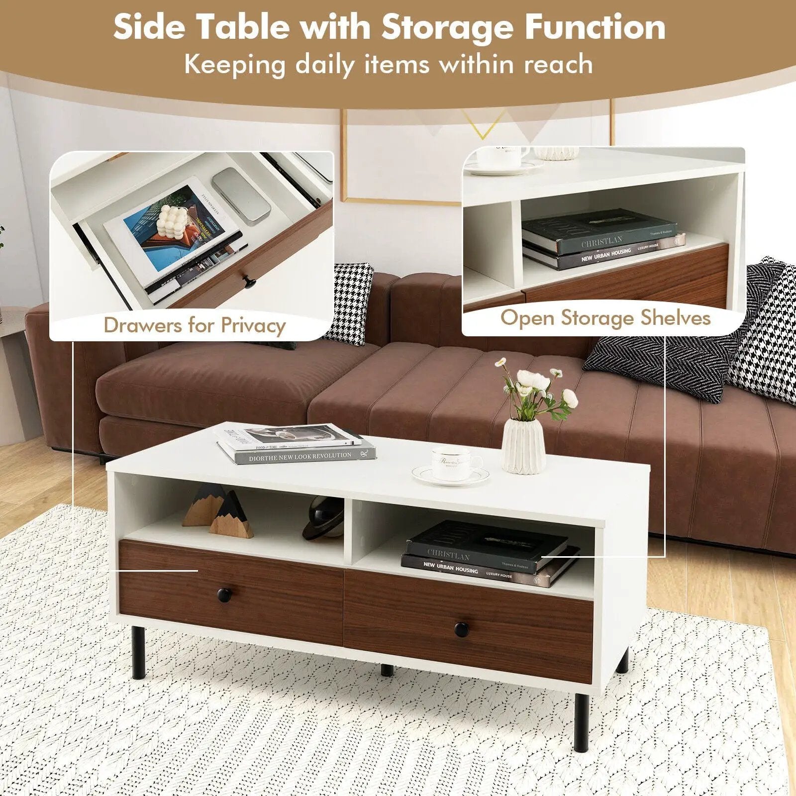 2 Tier 40 Inch Length Modern Rectangle Coffee Table with Storage Shelf and Drawers-White by DirectDeals