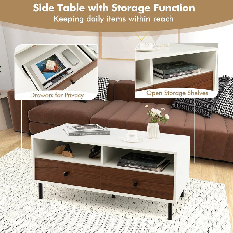2 Tier 40 Inch Length Modern Rectangle Coffee Table with Storage Shelf and Drawers-White by DirectDeals