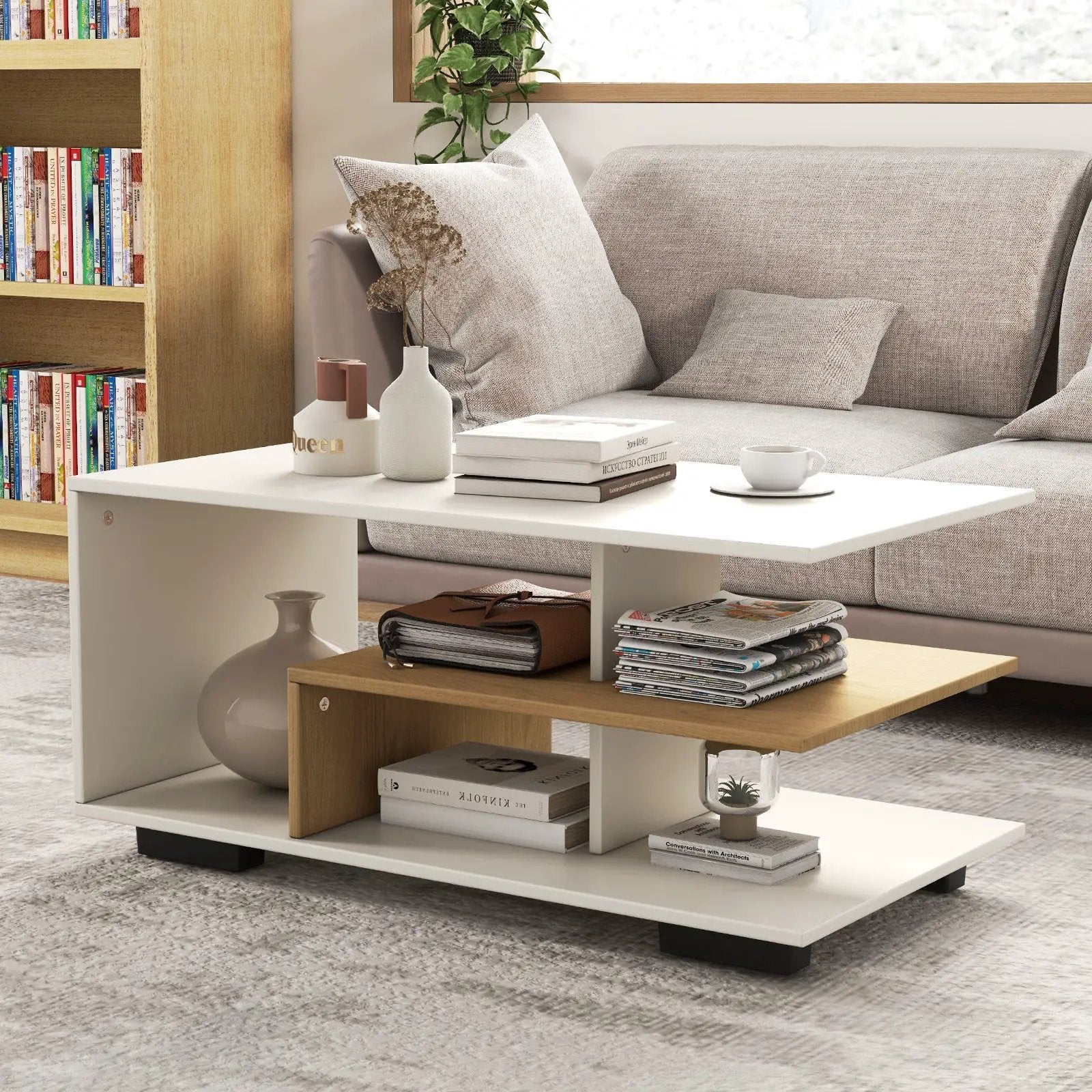 Rectangular Coffee Table with L-shaped Middle Shelf by DirectDeals