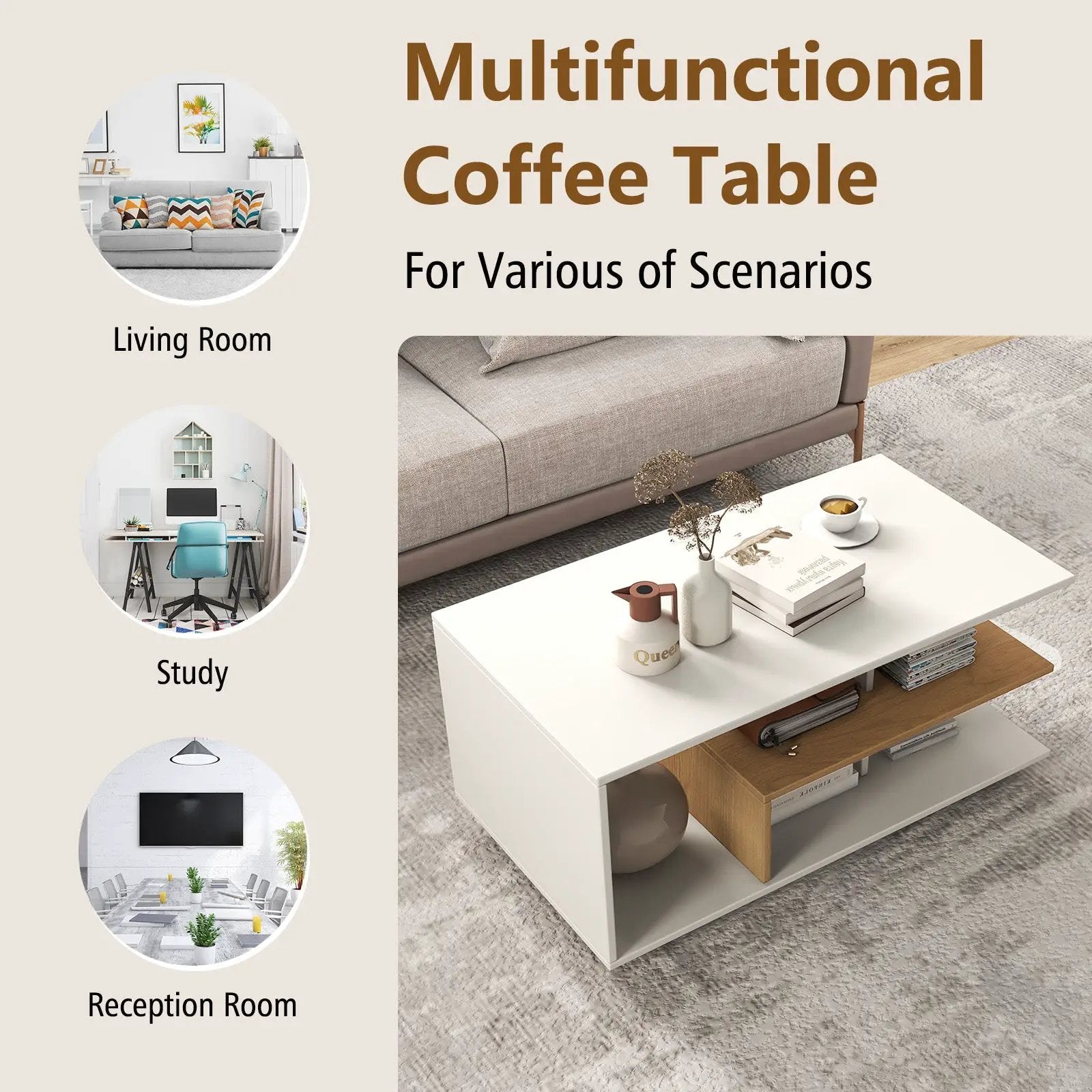 Rectangular Coffee Table with L-shaped Middle Shelf by DirectDeals