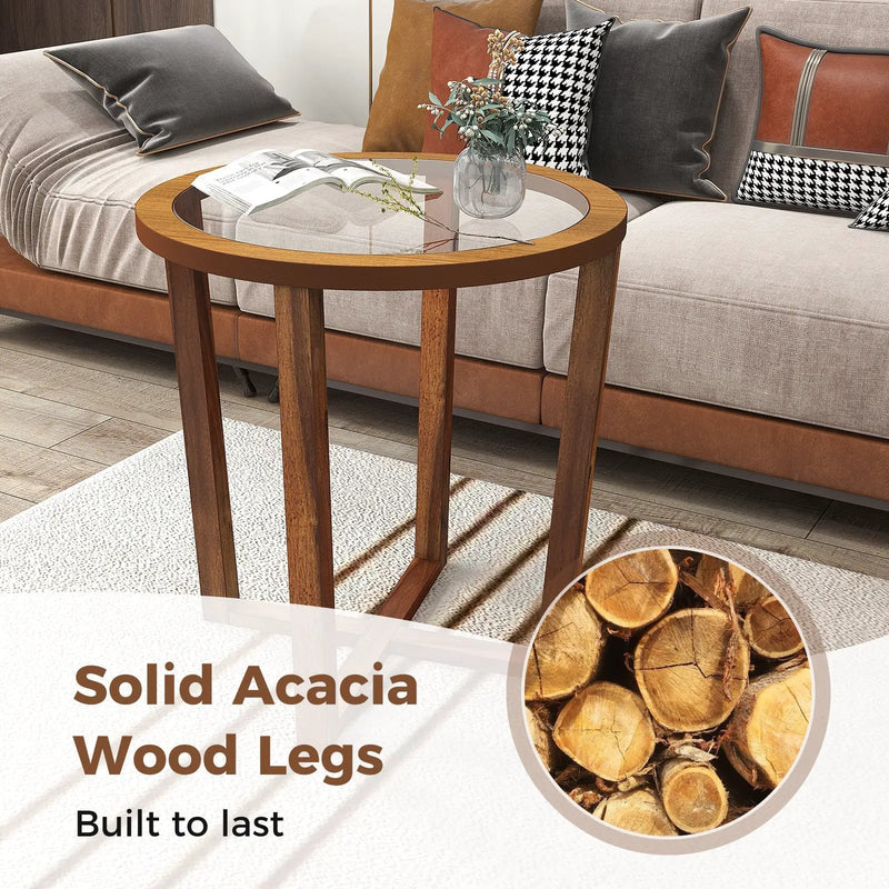 Modern Round End Table Sofa Side Table with Transparent Tempered Glass Top-Brown by DirectDeals