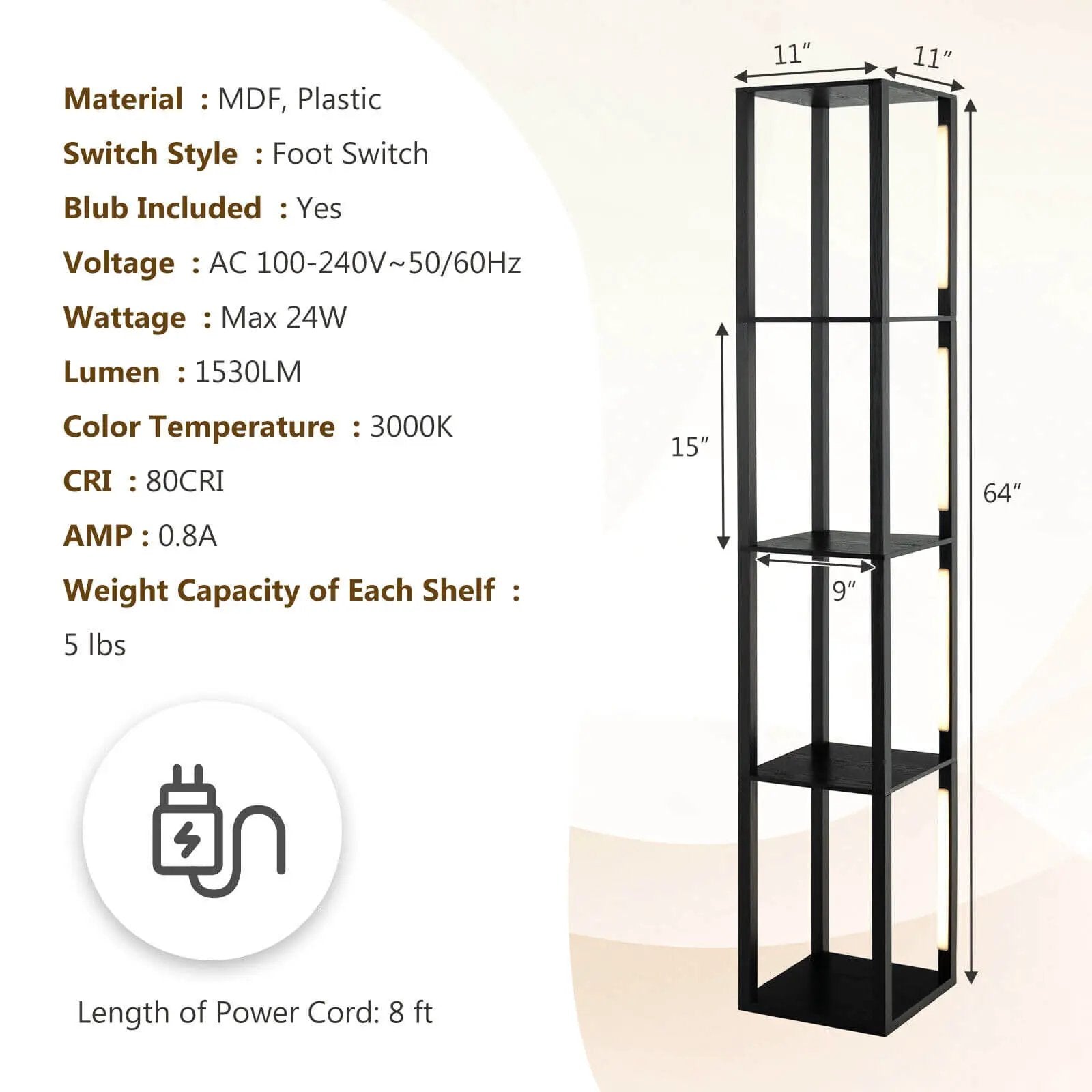 64 Inches Floor Lamp with 3-Level Dimmable LED Bulbs and Rotatable LED Poles-Black by DirectDeals