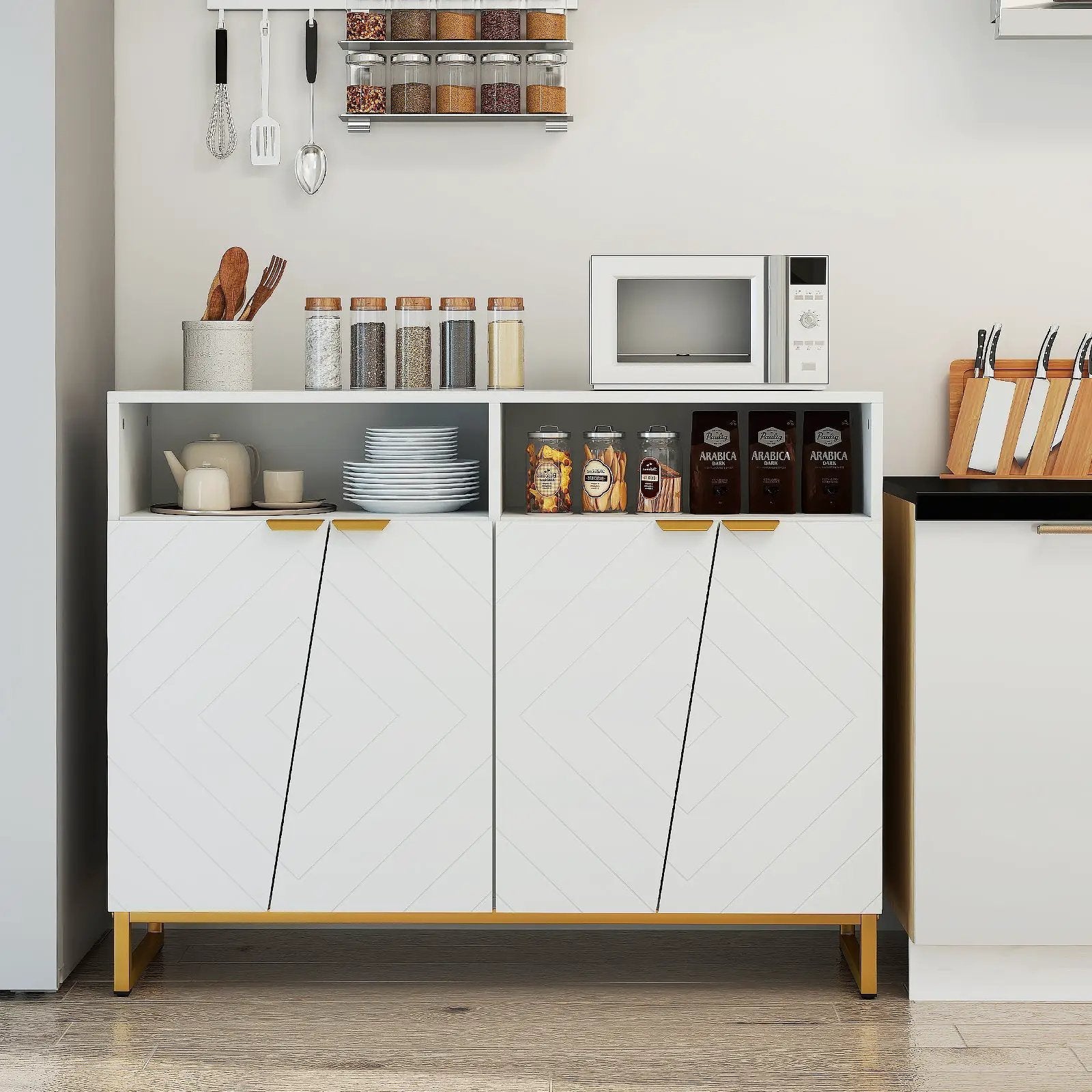 Modern Sideboard Cabinet with 4 Doors and Adjustable Shelves-White by DirectDeals